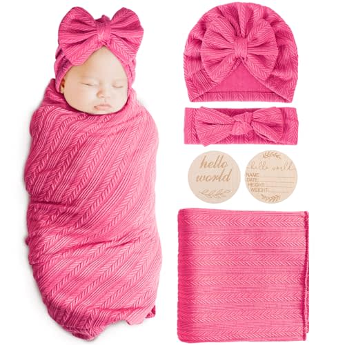 AQOKKA Newborn Receiving Blanket with Bow Hat Headband Wooden Card Set Wheat-Pattern Newborns Toddler Baby Boy Girl Nursery Swaddle Wrap
