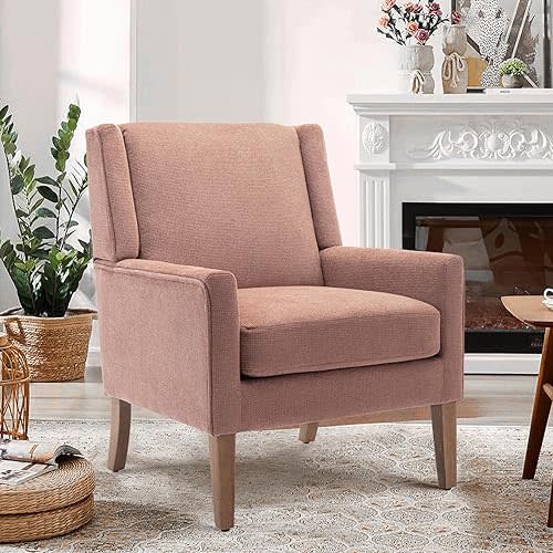 COLAMY Modern Wingback Living Room Chair, Upholstered Fabric Accent Armchair, Single Sofa Chair with Lounge Seat and Wood Legs for Office/Bedroom/Reading Spaces, Pink
