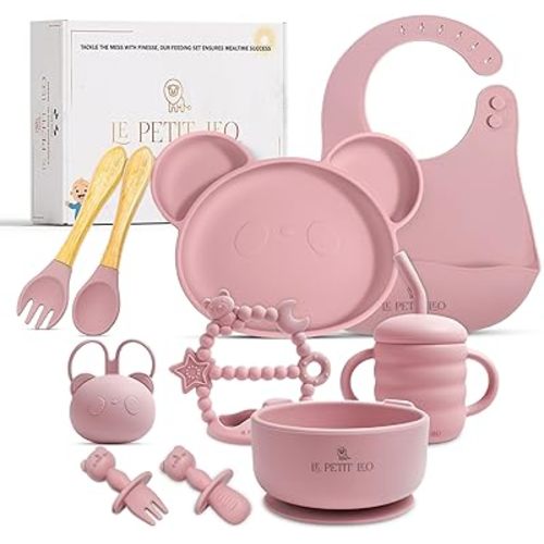 Silicone Baby Feeding Set - Complete Baby Led Weaning Supplies with Silicone Bibs, Suction Plates, Suction Bowl, Sippy Cup, Baby Spoon and Fork, Toddler Utensils (Angelic Pink)