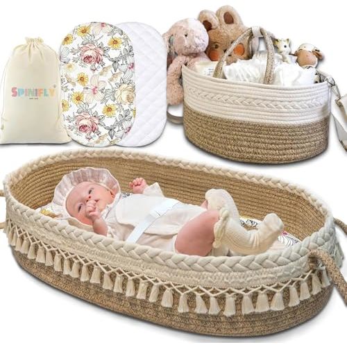 Baby Changing Basket Set with Diaper Caddy Organizer Macrame Boho Moses Basket for Babies, Handmade 100% Cotton Rope, Woven Portable Nursery Decor Waterproof Pad & Floral Pad