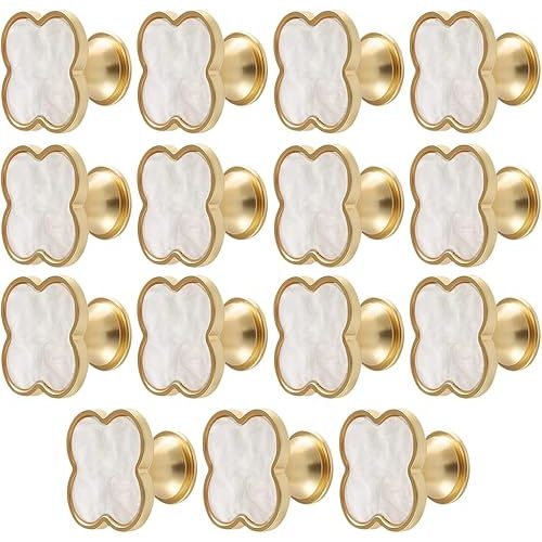 Ukontagood 15 Pcs Clover Knobs Four-Leaf Clover Handle, Creative Cabinet Drawer Pulls Gold Knobs for Furniture Dresser Wardrobe Bathroom Decorative Pulls Zinc Alloy Single Hole Door Handle (White)