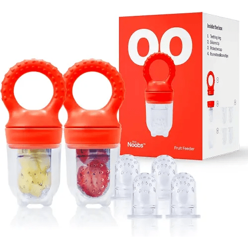 Baby Fruit Feeder by Love Noobs, Frozen Teething Toys for Babies, 2 Pack Baby Fruit Pacifier Feeder with 4 Extra Teats, Baby Eating Essentials, Baby Stocking Stuffers, BPA Free Baby Feeding Supplies