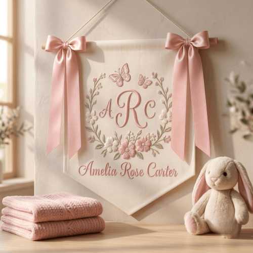 Personalized Monogram Embroidered Name Banner, Custom Floral Name Banner With Bow, Monogram Nursery Wall Decor, Baby Name Sign Flag