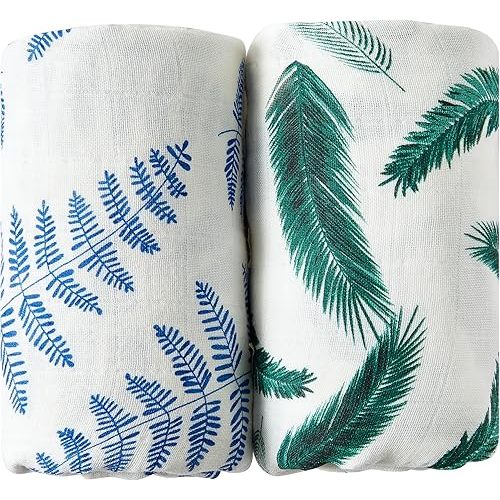 Margaux & May Organic Muslin Swaddle Blankets 2 Pack - GOTS Certified Organic, Large 47x47 Inches, Breathable Baby Blankets, Blue Fern Green Feather - Newborn Essentials Must Haves