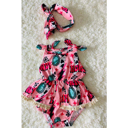 Pink "HOWDY" jewels & cow print baby lace romper w/matching headband DLH2434