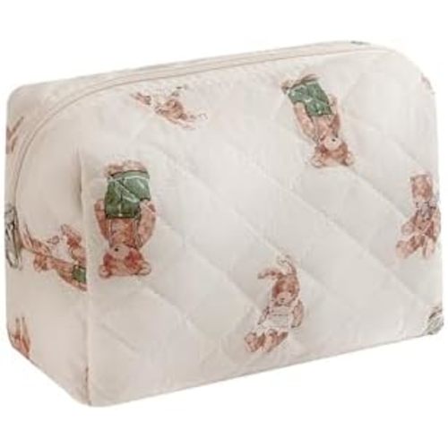 Cute Small Makeup Bag,Quilted Floral Cotton Cosmetic Pencil Pouch, Quilted Flowers Pencil Case with Zipper, Kawaii Travel Toiletry Bags for Purse(13White Bear)