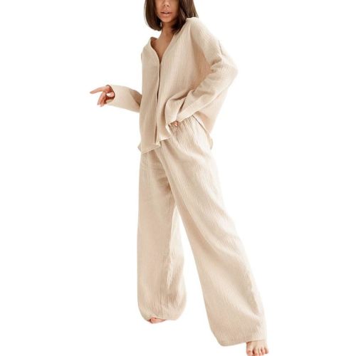 codcm Womens Cotton Gauze Loungewear Sets Casual 2 Piece Sleepwear Button Down Shirt and Wide Leg Pants Outfits