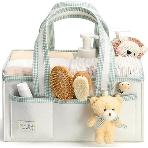 PeraBella Diaper Caddy Organizer with Handle, Baby Shower Gifts Basket Bag, Registry Search Must Haves Items, Nursery Storage Organizer for Newborn Girl Boy, Baby Bag Essentials, Car Diaper Caddy Cart