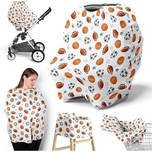 Sweet Jojo Designs Sports Theme Boy Infant Baby Car Seat Cover Nursing Breastfeeding High Chair Shopping Cart Stroller Carseat Canopy Carrier Multipurpose Use Watercolor Vintage Sport Themed Blue Star