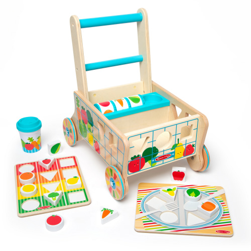 Melissa & Doug Wooden Shape Sorting Grocery Cart Push Toy and Puzzles