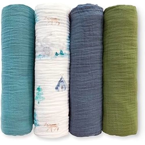 SwaddleDesigns Cotton Muslin Swaddle Blankets for Baby Boy & Baby Girl, Set of 4, Neutral Receiving Blankets for Newborn, Baby Registry & Gift, 46x46 inches, Watercolor Mountains & Trees