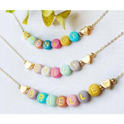 Bright Color Beads Name Necklace | FAST SHIPPING Dainty Gold Name Beads | Beaded Heart Name Necklace | Heart Necklace | Kids Name Necklace
