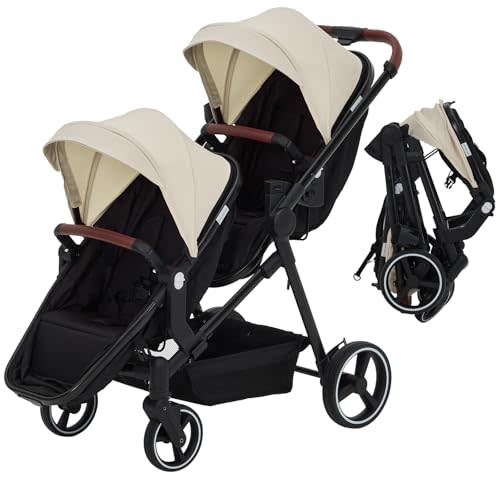 Double Tandem Stroller for Newborn & Toddler – Foldable Twin Pushchair with Reversible Seat, 5-Point Safety Harness, Adjustable Backrest & Canopy, Storage Basket