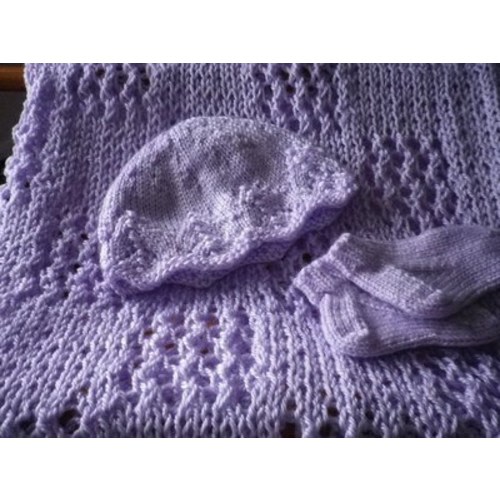 Soft Lilac Knitted Blanket, Hat and Booties Free Shipping