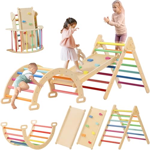 Tiny Land Pikler Triangle Set, 7-in-1 Foldable Pikler Triangle Climbing Toys Set for Kids,Baby Indoor Playground Jungle Gym, Wooden Montessori Climbing Set for Toddler (Rainbow)