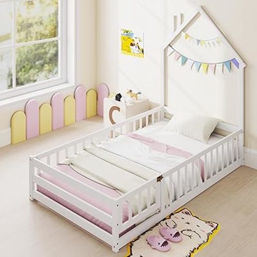 DORTALA Twin Floor Bed, Montessori House Bed with Full-Length Guardrail, House-Shaped Headboard, Solid Wood Kids Bed Frame with Fence, No Box Spring Needed (White)