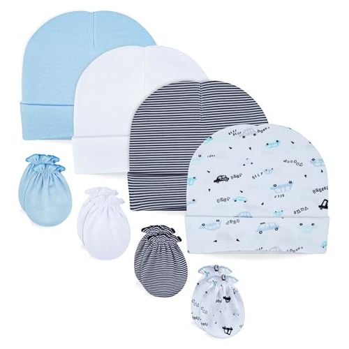RATIVE No Scratch Mittens and Caps 100% Cotton for Newborn Baby 0-6 Months Boys Girls