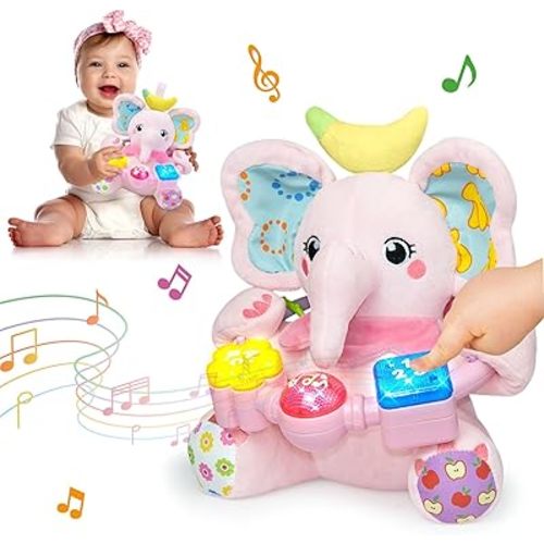 Baby Bilingual Musical Elephant Stuffed Animals Toys,Infant Early Learning Toys with Light-Up Music & Crinkle,Tummy Time Toys for 0 3 6 9 12+ Months for Baby Boy Girl Gift,Pink