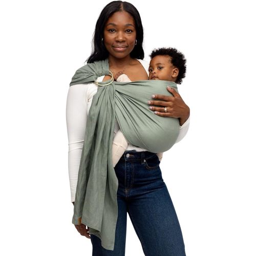 WildBird - Ring Sling Baby Carrier - 0-36 Months (up to 35 lbs) - Long (90") Acadian & Black Ring - Front, Hip or Back Carry - Adjustable Fit - Natural Linen - Baby Essentials - New Mom Gifts