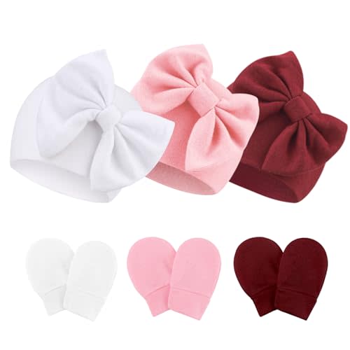 Newborn Baby Hats and Mittens Set Infant Bow Beanie Cap Toddler Gloves Newborn Hospital Hats for Baby Boy Girl 0-12 Months