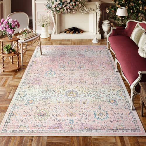 Lahome Light Pink Boho Rug, 6x9 Washable Rugs for Bedroom Girls, Soft Floral Kids Carpet with Non-Slip Backing for Nursery Playroom Kids Room