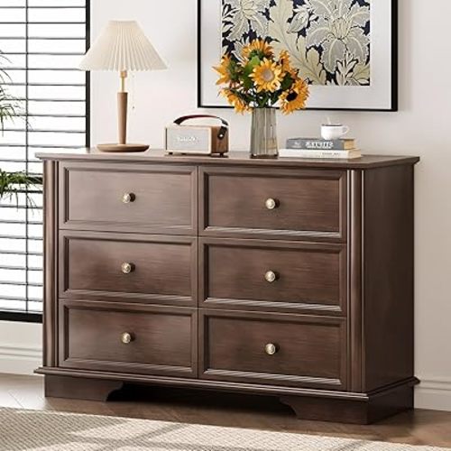 VINGLI 6 Drawer Dresser Wood, 47" Long Dresser for Bedroom, Chest of Drawers, French Vintage Brown Dressers for Living Room, Hallway, 47.24" W*15.75D*31.5" H