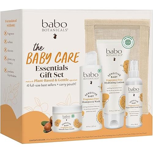 Babo Botanicals Baby Care Essentials Gift Set - Skincare, Bath & Diaper - For Delicate Skin, Fragrance-Free with Shea Butter, Includes Reusable Carry Pouch - Natural & Plant Based - 5 Items Set