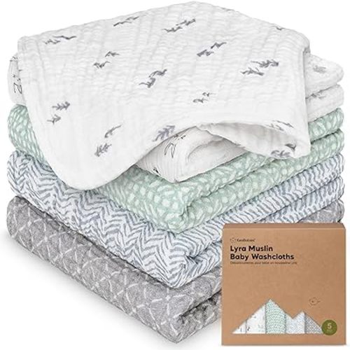 5-Pack Muslin Baby Washcloths for Newborn – 12x12" Soft Absorbent Organic Cotton Muslin Wash Cloths for Babies Girl, Boy, Infant, Toddlers, Kids Face Towel, Bath Essentials, Baby Burp Rags (Nordic)