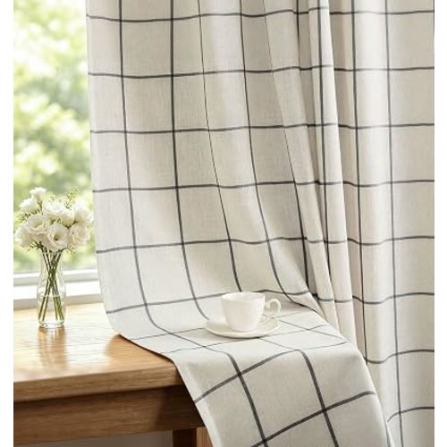 DriftAway 100% Blackout Plaid Linen Curtains 84 Inches Long 2 Panels Black