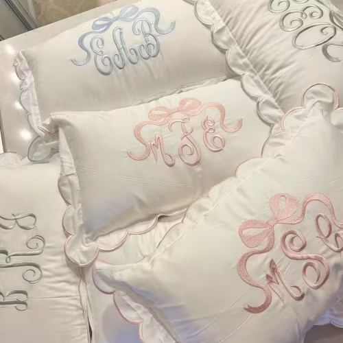 Embroidered Monogram Baby Pillow: Scalloped Edge Cotton Nursery Decor