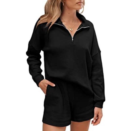 Aleumdr Women's 2 Piece Outfits Zipper Waffle Knit Lounge Sets Long Sleeve Shorts Outfits Pjs with Pockets