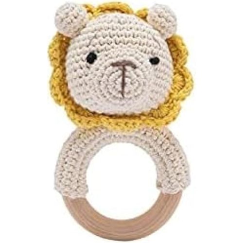 Wooden Baby Rattle Crochet Lion Baby Toys Handmade Newborn Toy Early Development Grips Stuffed Animal Organic Rattle