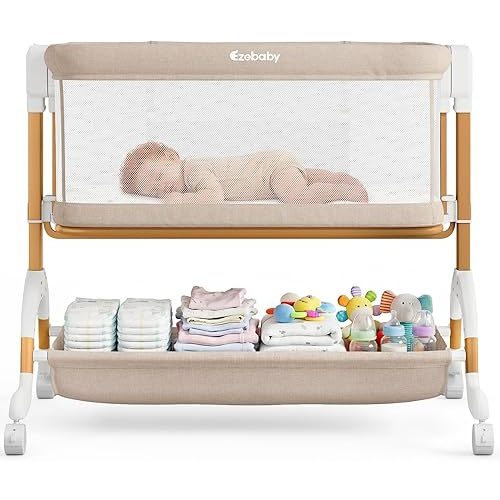 Ezebaby 3 in 1 Baby Bassinet Bedside Sleeper, Rocking Bassinet for Baby with Comfy Mattress & Breathable Full Mesh Sides, 7 Height Adjustable | Portable Crib for Newborns
