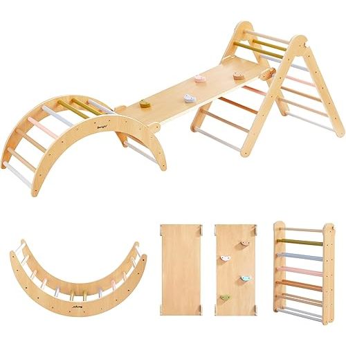 Beright 5 In1 Pikler Triangle Gym, Foldable Climbing Triangle Ladder Toys with Ramp, Indoor Climbing Toys for Kids, Play Gym, Arch Climber, Rocker, Learning Waldorf Children Toy Structure, Light