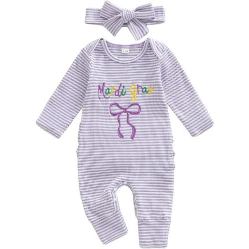 Newborn Girl Mardi Gras Outfit Letter Bow Long Sleeve Romper Jumpsuit One Piece Clothes Headband