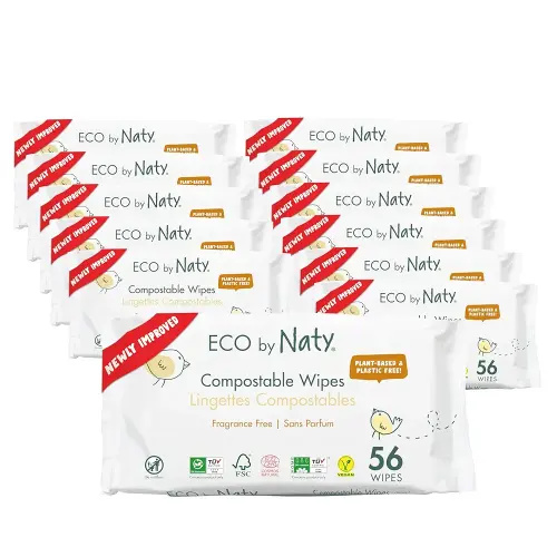 Eco by Naty Baby Wipes Unscented - 100% Compostable and Plant-Based Wipes, Good for Babies and Newborn Sensitive Skin (672 Count - 12 packs of 56)