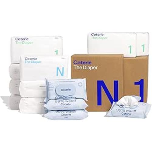 Coterie Baby Diapers + Wipes Baby Kit, Size 1 (198 Count) Size Newborn (93 Count) 4 Wipe Packs (224 Wipes) Made with Plant-Based Fibers, Hypoallergenic, Designed for Sensitive Skin, Clean Ingredients