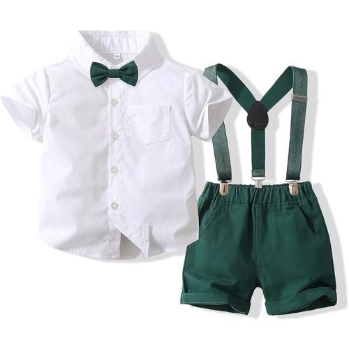 CIYCUIT Baby Boy Dress Clothes Set - Bowtie Shirt with Suspender Shorts - Perfect Wedding Gentleman Outfit - 18-24 Months - B1 Greem
