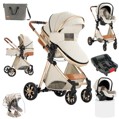 Sianldcone 3 in 1 Baby Stroller Travel System Combo Set, Reversible Convertible Infant Stroller with One-Click Folding, Toddler Newborn Pram Carriage with Aluminum Frame (UDV9-WHITE with Base)