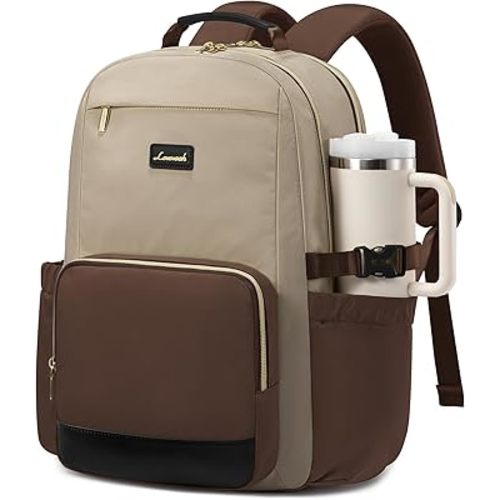 LOVEVOOK Laptop Backpack for Women with Pouch Pocket for Large Capacity Cup,17 Inch Teacher Nurse College Work Backpack Purse,Waterproof Laptop Bag Computer Back Pack for Travel, Khaki-Coffee-Black