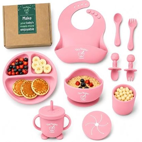 10-Piece Silicone Baby Feeding Set – Baby Led Weaning Supplies with Suction Plate & Bowl, Adjustable Bib, Snack Cup, Spoons & Fork, BPA-Free Baby Feeding Essentials for Toddlers