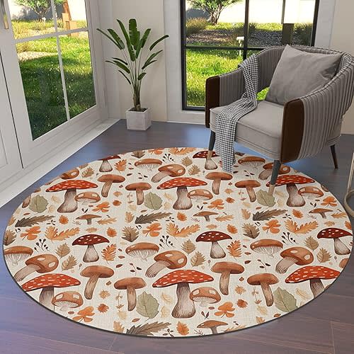 Boho Mushroom Round Area Rug 4ft,Washable Outdoor Indoor Carpet Runner Rug for Bedroom,Kitchen,Living Room,Office,Area+Rug Large Bath Door Desk Floor Mat Retro Autumn Leaves Fall Forest Flower Herb