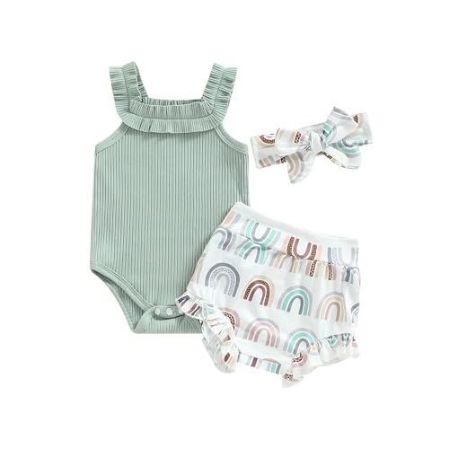 Easisim 3pcs Newborn Baby Girls Shorts Sets Cotton Sleeveless Romper Jumpsuit Bodysuit + Shorts + Headband Outfit Set