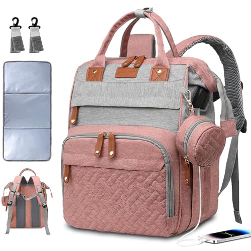 SHITIESHOU Diaper Bag Backpack Baby Bag for Mom Dad with Changing Pad, 19 Pockets, Large Waterproof Travel Baby Girl Boy Toddle Diaper Bag with Insulated Pocket, Baby Shower Gifts, Pink Grey
