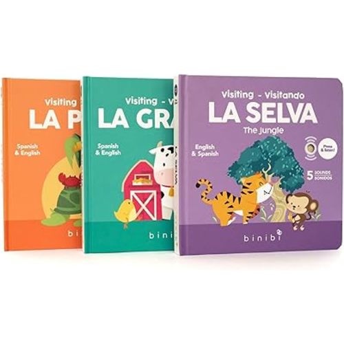 Binibi Bilingual Animal Sound Book Bundle for Babies & Toddlers 1-3 | 5 Fun Animal Sounds | Interactive Spanish Baby Books