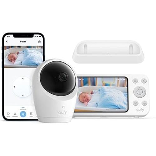 eufy Security Baby Monitor E20 with 2K HD Camera & Charging Base, 5'' 720p Display, Hybrid Wi-Fi & No Wi-Fi Connection, Pan-Tilt, 4X Zoom, Portable Camera with Built-in Battery, 24/7 Recording in App