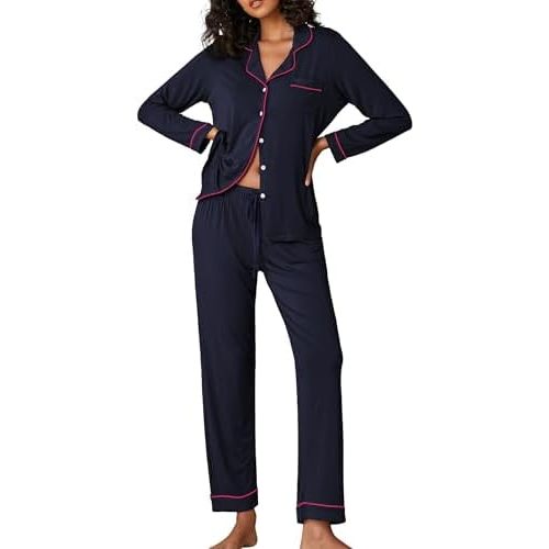 Ekouaer Pajamas Women's Long Sleeve Sleepwear Soft Button Down Loungewear Pjs Lounge Set Nightwear XS-XXL