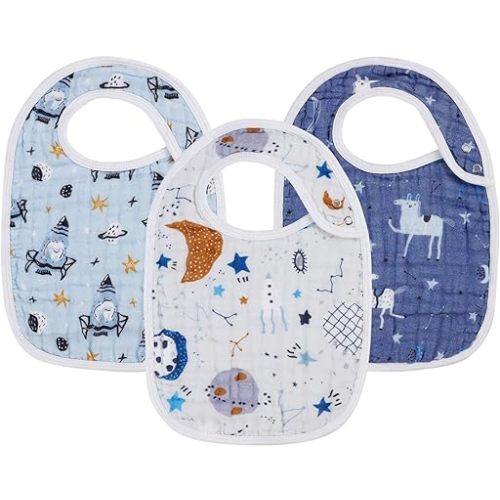 Snap Muslin Bibs for Boys &Girls,3-Pack Baby Bibs for Infants,Newborns and Toddlers,100% Cotton Muslin Bib