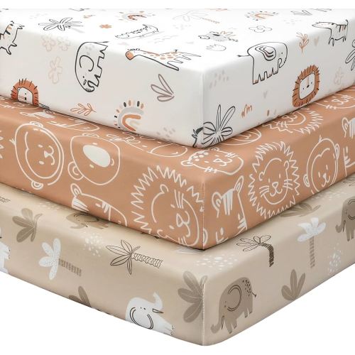 Baby Crib Sheets for Boys and Girls, 3 Pack Toddler Bed Sheets for 52”x28” Standard Toddler Mattresses, Soft Microfiber Fitted Crib Sheets Neutral Orange Animal World
