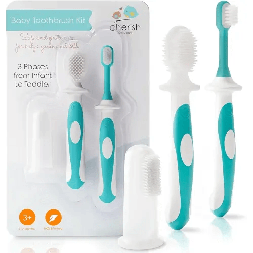 Cherish Baby Care Baby Toothbrush & Toddler Toothbrush Set (0-2 Years) - BPA-Free & Safety-Tested, 2023 Award Winner, Food-Grade Silicone (Teal)